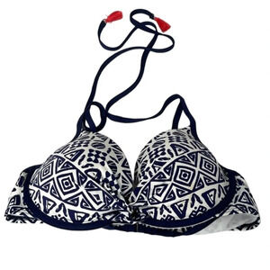 LA VIE EN ROSE Aqua Padded Push Up Bikini Top Tassel Tie Navy White Halter M